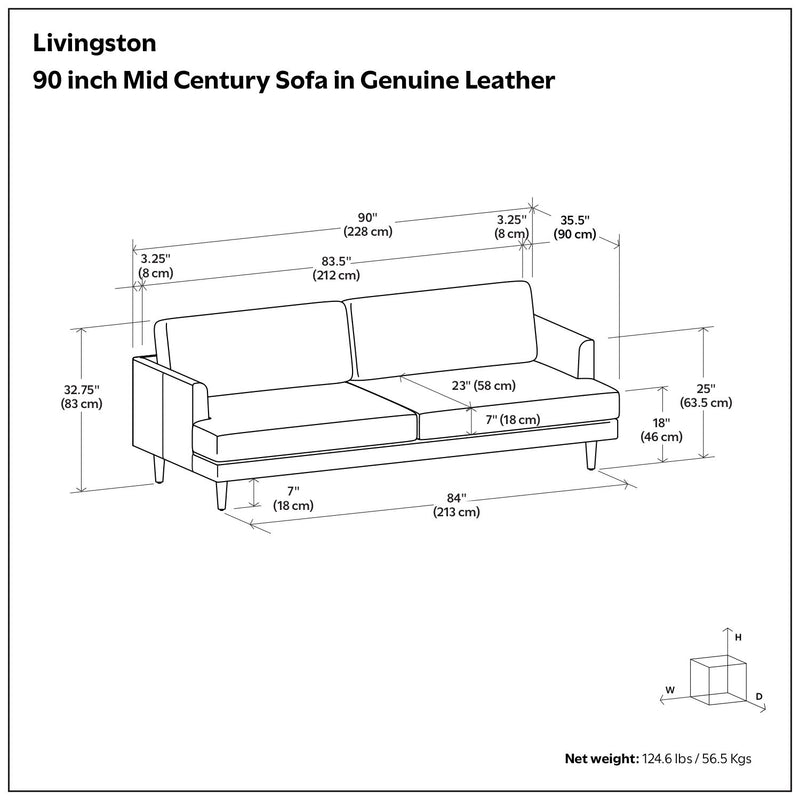 Livingston upholstered sofa by Simpli-Home, stationary sofa with plush cushions and fabric upholstery, modern living room setting.