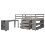 DreamHaus loft low study bed with built-in cabinet, shelves, and rolling desk, showcasing its multi-functional design and compact style.