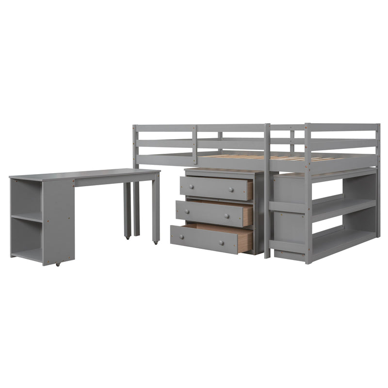 DreamHaus loft low study bed with built-in cabinet, shelves, and rolling desk, showcasing its multi-functional design and compact style.