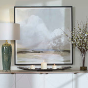 Framed canvas art featuring soft clouds in pearl silver by Uttermost, showcasing a tranquil sky scene with subtle metallic accents.