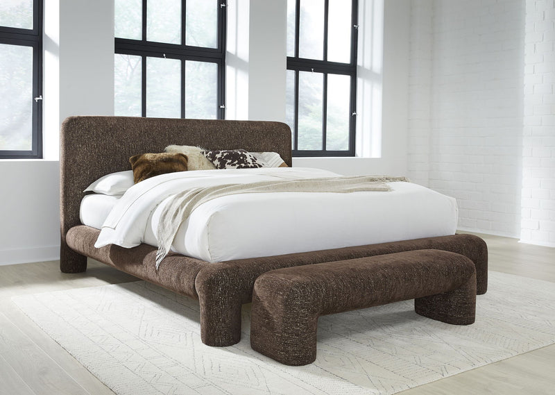 Mocoa California King-size Fully Upholstered Platform Bed in Mongoose Chenille