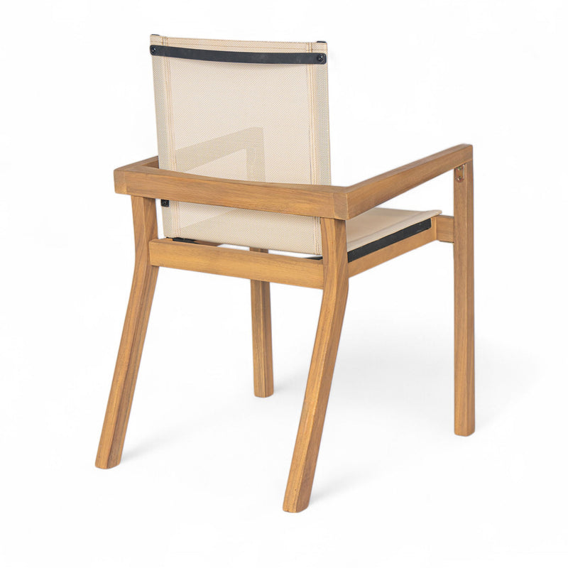 Set of two Noble House Belfast dining chairs with acacia wood frames and upholstered seating, showcasing stylish and sturdy design.
