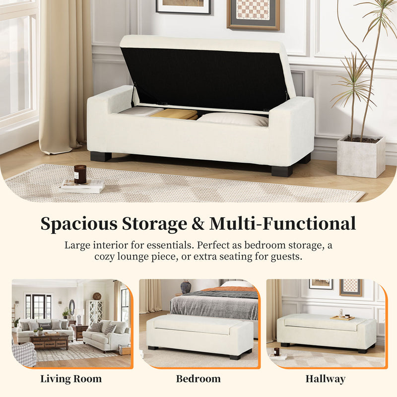 Noble House textured fabric ottoman bench with hinged lid, showing a plush upholstered surface and sturdy wooden legs.