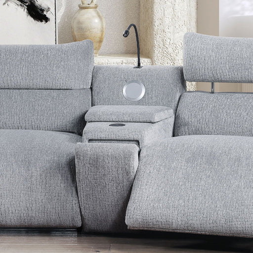 Fullar - Modular Console With Speaker & Cup Holder - Light Gary Chenille - R&R Furniture Gallery (Fountain Valley, CA)