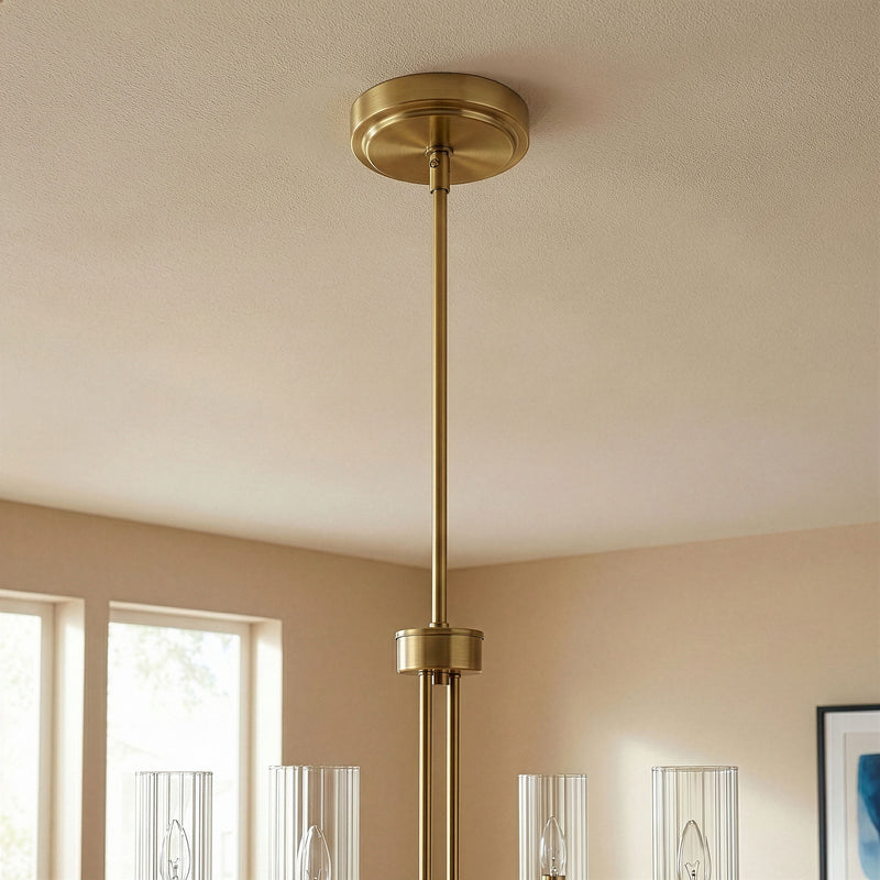 Enigma - 4 Lights Chandelier With Clear Ribbed Satin - Antique Brass / Clear / Gold - R&R Furniture Gallery (Fountain Valley, CA)