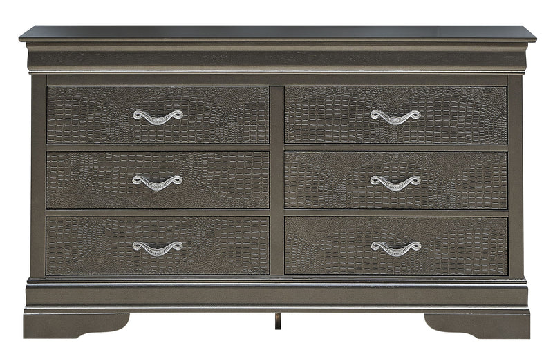 Metallic black dresser from Glory Furniture, showcasing sleek storage with modern design and smooth finish.