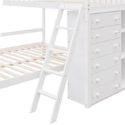 DreamHaus bunk bed with six drawers, flexible shelves, and a bottom bed on wheels, featuring a sturdy wooden frame and modern design.