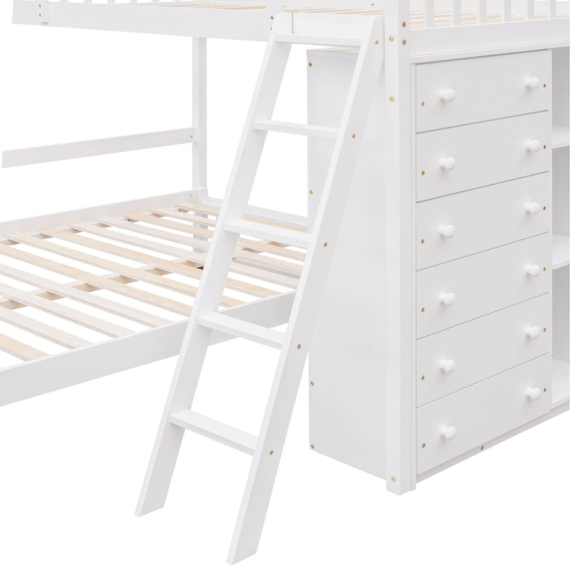 DreamHaus bunk bed with six drawers, flexible shelves, and a bottom bed on wheels, featuring a sturdy wooden frame and modern design.