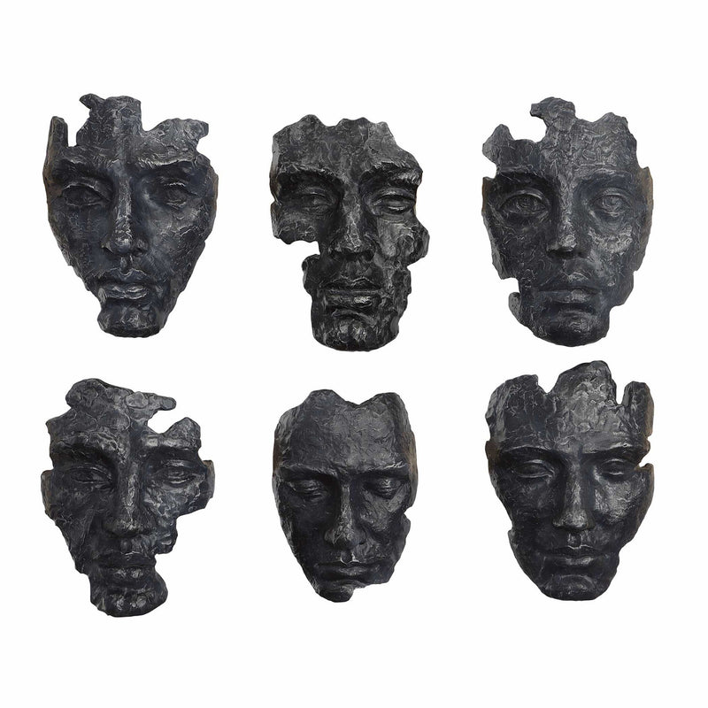 Set of six self-portrait mask wall decor by Uttermost featuring artistic, textured masks for modern home interior decoration.
