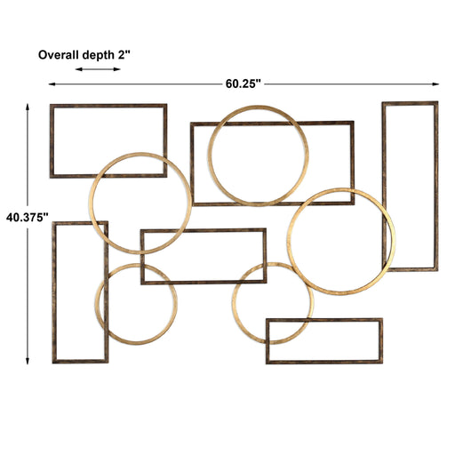 Uttermost Elias wall art features bronze and gold finish, modern wall decor with abstract metal design.