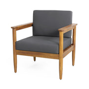 Dark gray outdoor club arm chair with teak acacia wood frame, stylish patio seating by Noble House.