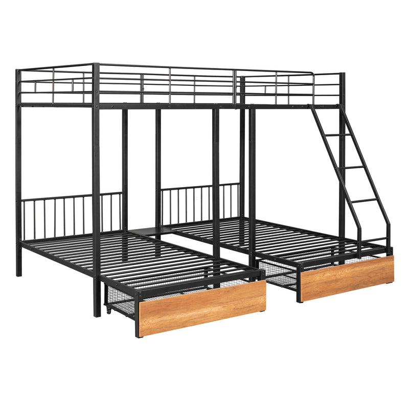 DreamHaus triple bunk bed with built-in drawers and safety guardrails, featuring sturdy wood construction and space-saving design.