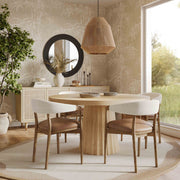 TOV Furniture Vina dining side chair with Cognac leather seat and cream fabric back, modern design, wood legs for dining room decor.