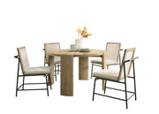 Bowen - Round Dining Table With Cream Color Upholstered Chairs (Set of 5) - Oak Finish - R&R Furniture Gallery (Fountain Valley, CA)