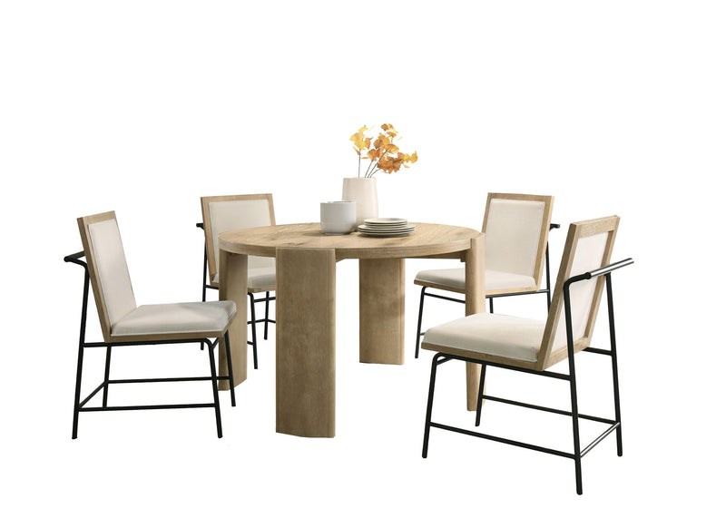 Bowen - Round Dining Table With Cream Color Upholstered Chairs (Set of 5) - Oak Finish - R&R Furniture Gallery (Fountain Valley, CA)