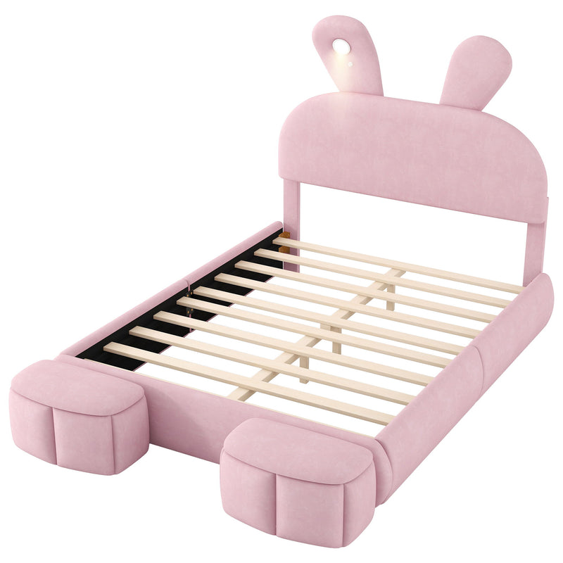 Full Upholstered Platform Bed With Cartoon Ears Headboard And LED Light - Pink - R&R Furniture Gallery (Fountain Valley, CA)