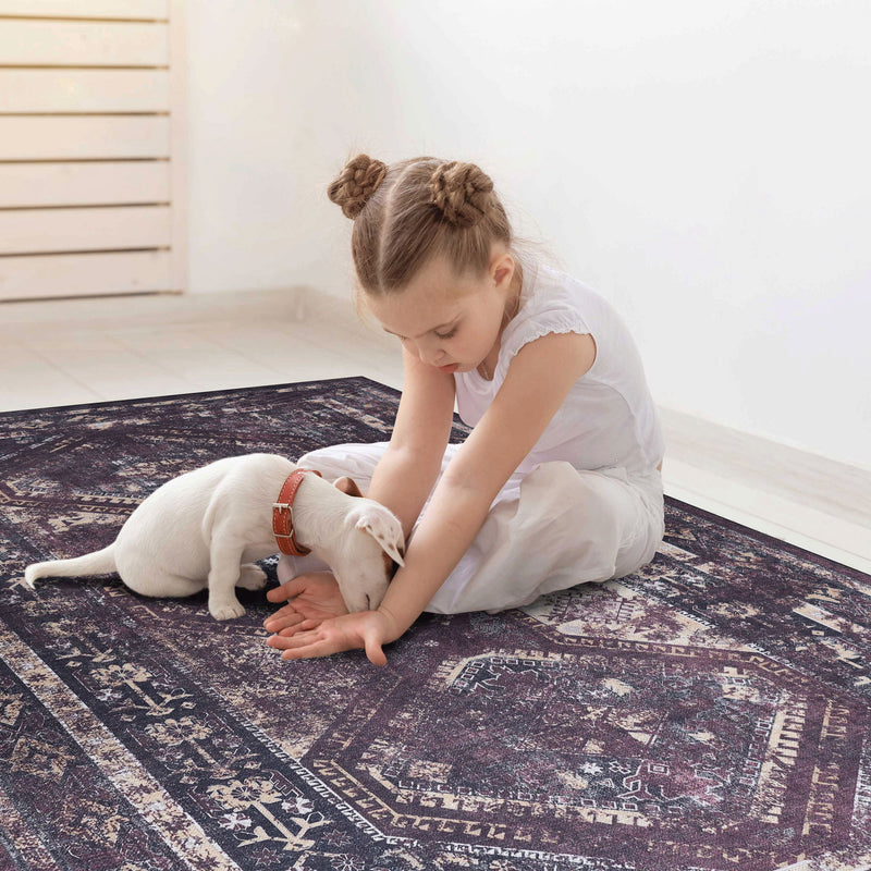 Maval - 5' X 8' Washable Area Rug - Black / Burgundy - R&R Furniture Gallery (Fountain Valley, CA)