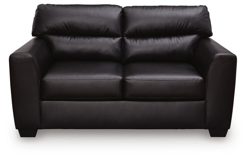 Midnight-colored Glennbre stationary loveseat by Signature Design Ashley, featuring plush cushions and a cozy, modern design.
