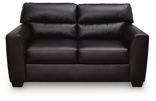 Midnight-colored Glennbre stationary loveseat by Signature Design Ashley, featuring plush cushions and a cozy, modern design.