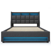 Artistry At Home upholstered platform storage bed with hydraulic system, LED lighting, and USB charging ports, without mattress.