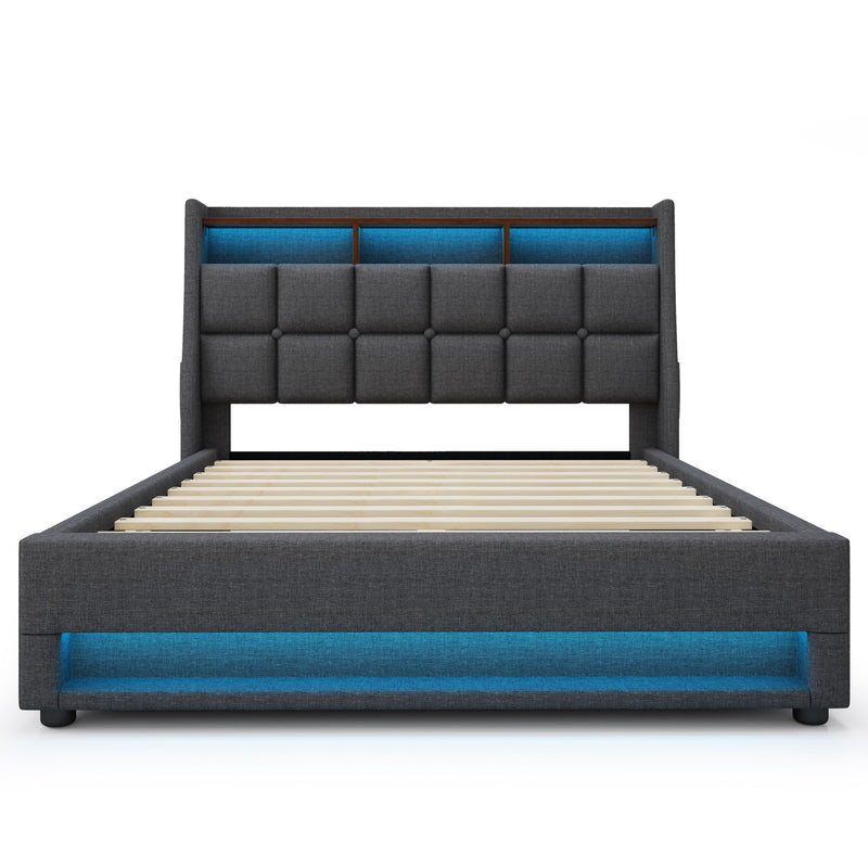Artistry At Home upholstered platform storage bed with hydraulic system, LED lighting, and USB charging ports, without mattress.