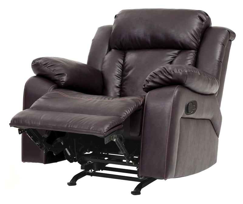 Glory Furniture comfortable rocking motion recliner in soft fabric with plush cushioning and wooden base.