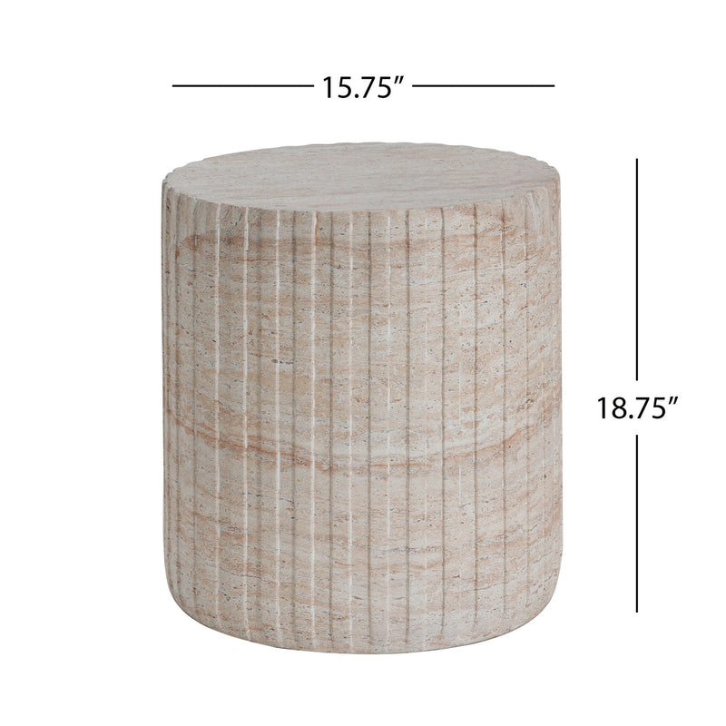 Noble House beige concrete side table with travertine top, suitable for outdoor and indoor use, lightweight and elegant design.
