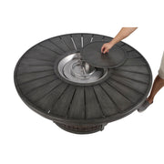 Brown Cassara Resort propane outdoor fire pit table by LSI Patio Furniture with a sleek round design and built-in flame feature.