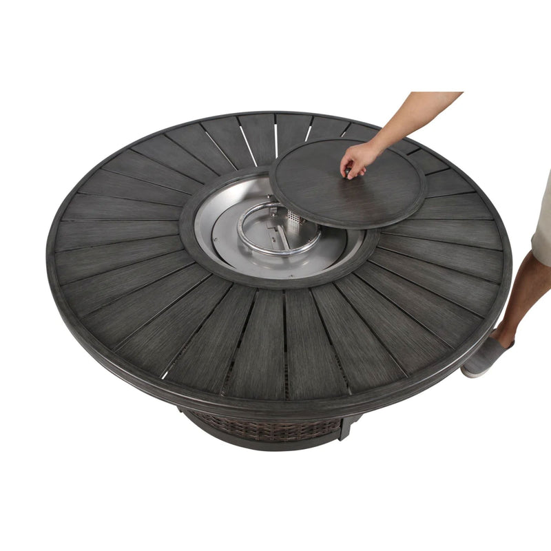 Brown Cassara Resort propane outdoor fire pit table by LSI Patio Furniture with a sleek round design and built-in flame feature.