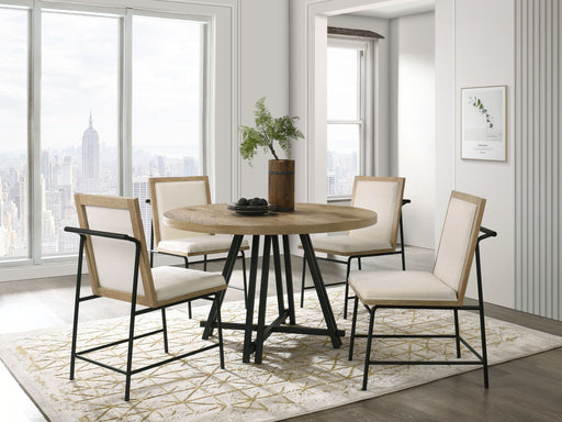 Tate - Round Dining Table With Cream Color Upholstered Chairs (Set of 5) - Oak Finish - R&R Furniture Gallery (Fountain Valley, CA)