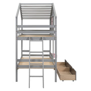 DreamHaus bunk bed with playhouse roof, window, and safety rails, designed for kids' bedrooms with a fun, cozy play area.