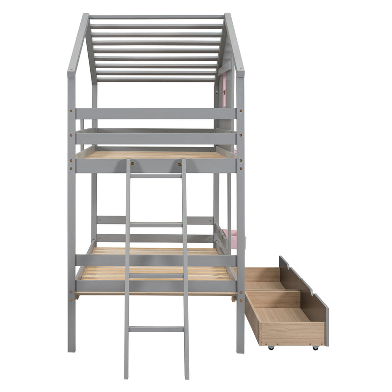 DreamHaus bunk bed with playhouse roof, window, and safety rails, designed for kids' bedrooms with a fun, cozy play area.