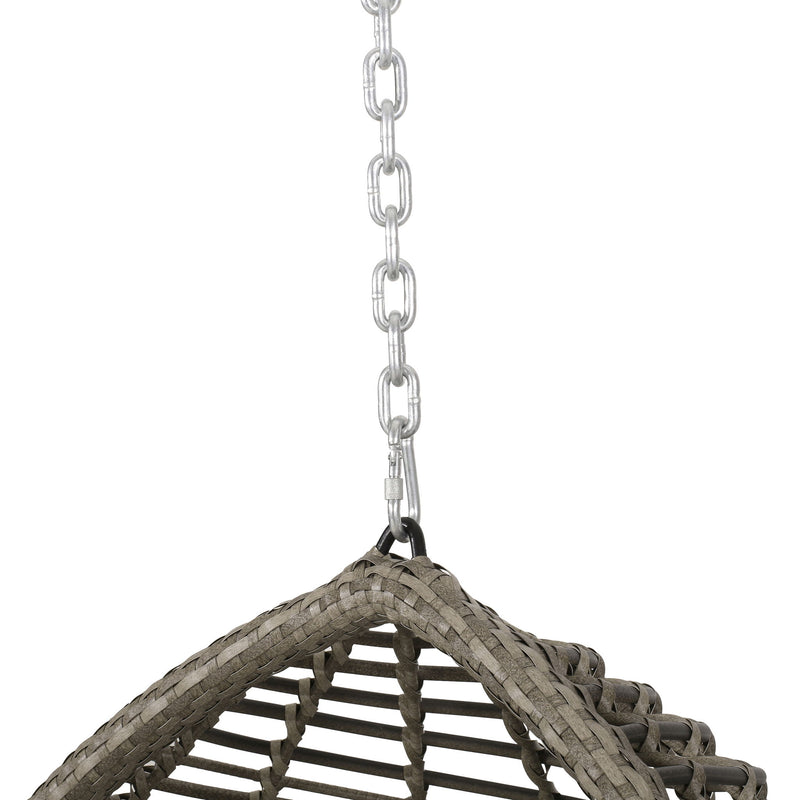Noble House Morris Teardrop hanging chair with chain and water-resistant cushions, outdoor hammock for relaxing in garden or patio.