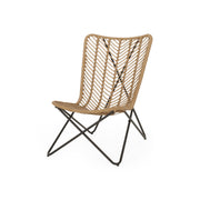 Set of two Noble House wicker chairs with geometric cross metal bases, light brown woven rattan seating for indoor or outdoor use.
