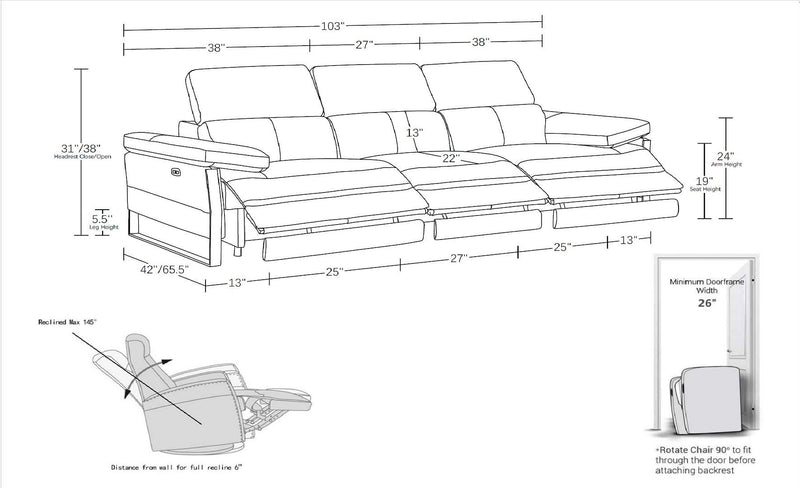 1246 - Modular Power Triple Reclining Sofa With Power Reclining Headrests