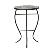 Black outdoor side table with a colorful tile mosaic tabletop by Noble House, featuring a sturdy design and decorative surface.