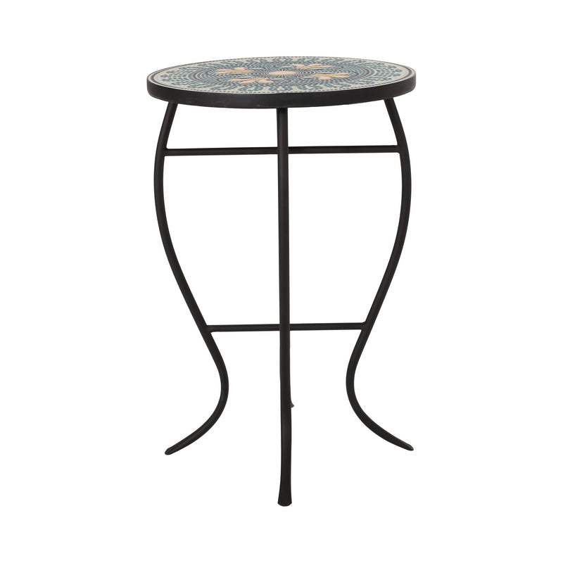 Black outdoor side table with a colorful tile mosaic tabletop by Noble House, featuring a sturdy design and decorative surface.