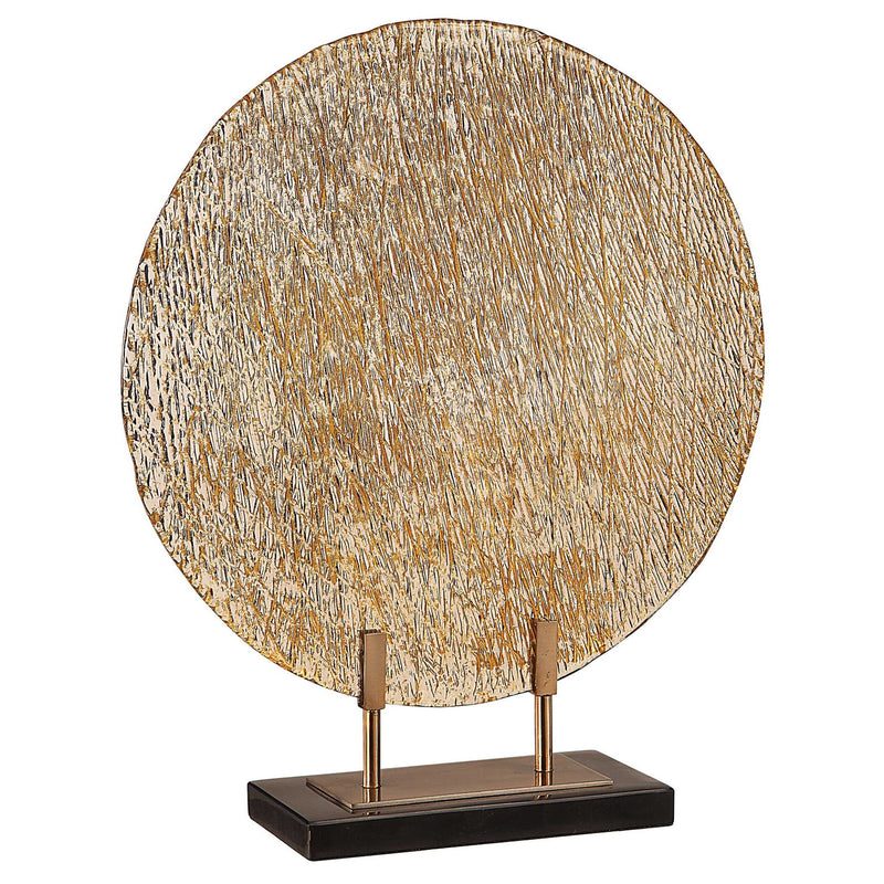 Uttermost Layan Art Glass Charger sculpture in gold with intricate design, perfect for decorative display or sculpture collection.