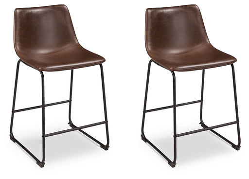 Set of two Signature Design by Ashley Centiar upholstered barstools with cushioned seats and wooden legs, ideal for kitchen or bar area.
