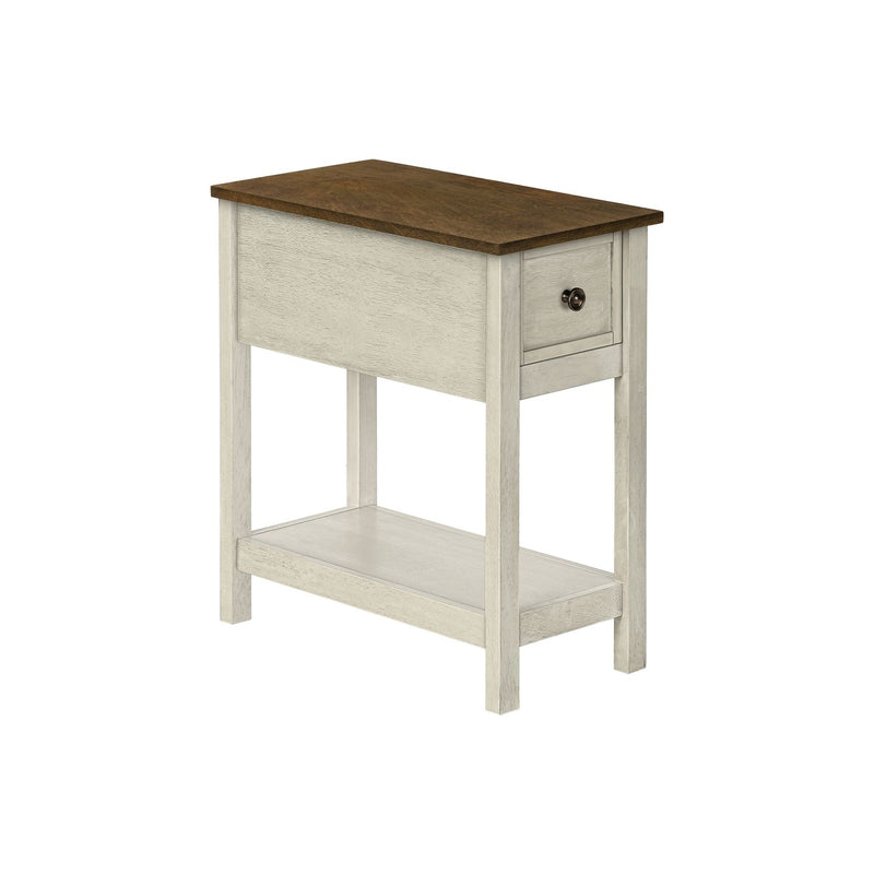 Narrow 8th Street accent end table with two tiers, storage drawer, lamp, and charming design suitable for small living spaces.
