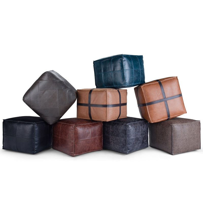 Black Bowen square pouf by Simpli-Home, an accent piece with a modern, cushioned fabric design for versatile seating or decor.
