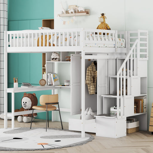 DreamHaus loft bed with integrated bookshelf, drawers, desk, and wardrobe, showcasing a modern multi-functional bedroom solution.