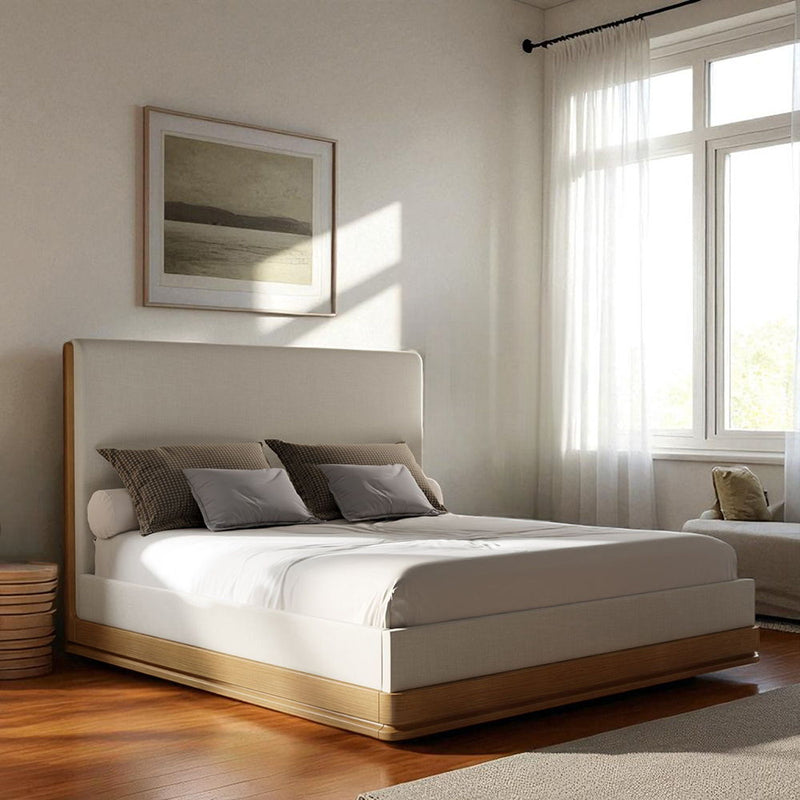 ACME Zoey upholstered bed with a plush fabric headboard and modern design, shown in a stylish bedroom setting.