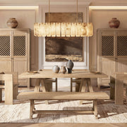 Jennifer Taylor Home Hawthorne dining bench in natural wood finish, with a sleek, modern design and sturdy wooden legs.