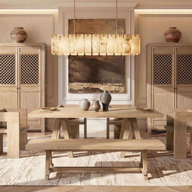 Jennifer Taylor Home Hawthorne dining bench in natural wood finish, with a sleek, modern design and sturdy wooden legs.