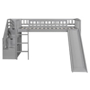 DreamHaus loft stairway bed with two drawers, convertible ladder, and slide, featuring a modern design and sturdy wooden construction.
