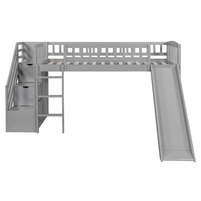 DreamHaus loft stairway bed with two drawers, convertible ladder, and slide, featuring a modern design and sturdy wooden construction.