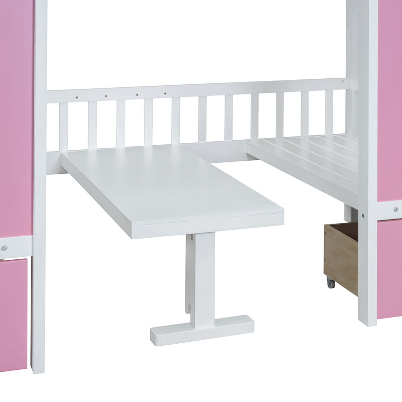 DreamHaus twin over twin bunk bed with convertible table, featuring upper bed and lower desk in a modern bedroom setting.