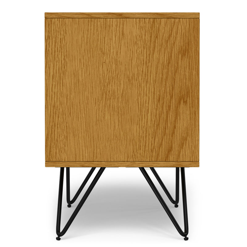 Simpli-Home Hunter accent nightstand with a wood finish, featuring a drawer and open shelf for bedroom storage.