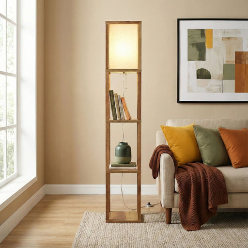 Pinnacle - Shelf Floor Lamp For Bedroom / Living Room, Long Shade - Natural Wood / White - R&R Furniture Gallery (Fountain Valley, CA)